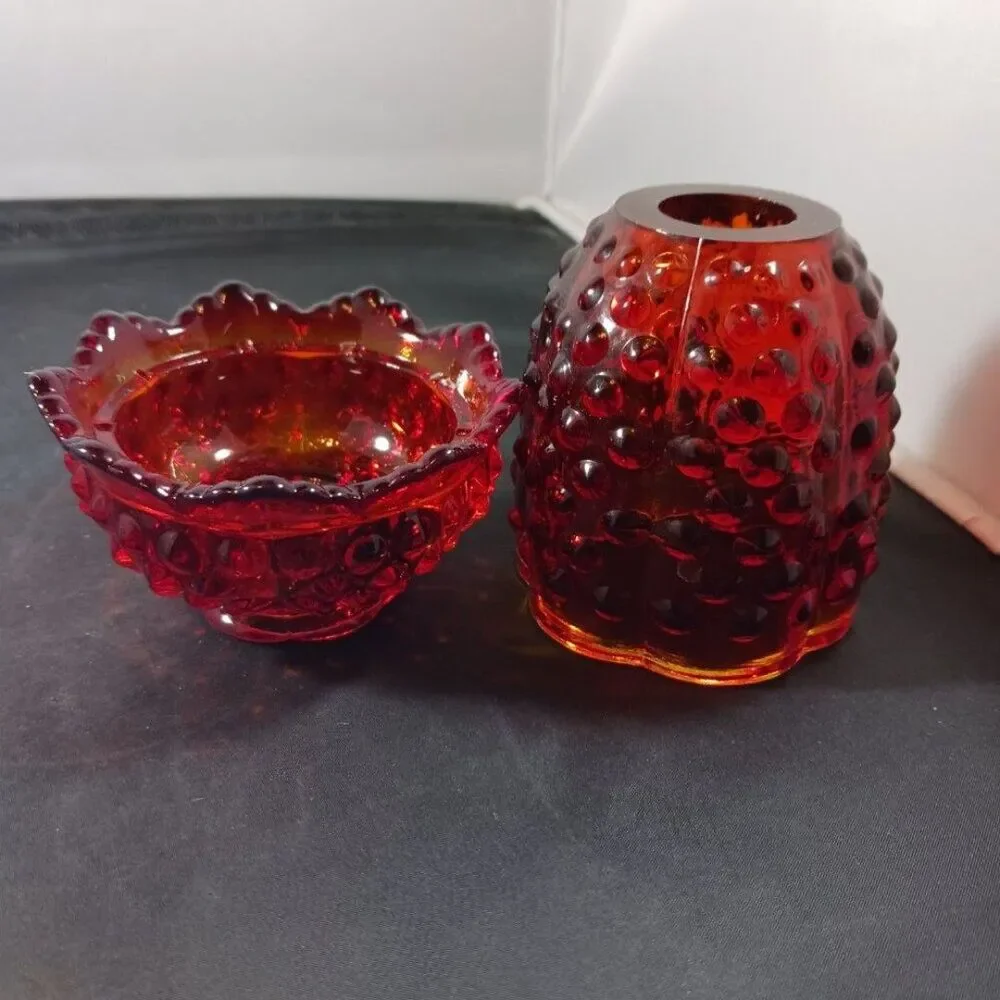 Fenton Art Glass MCM Hobnail Amberina Fairy Lamp
